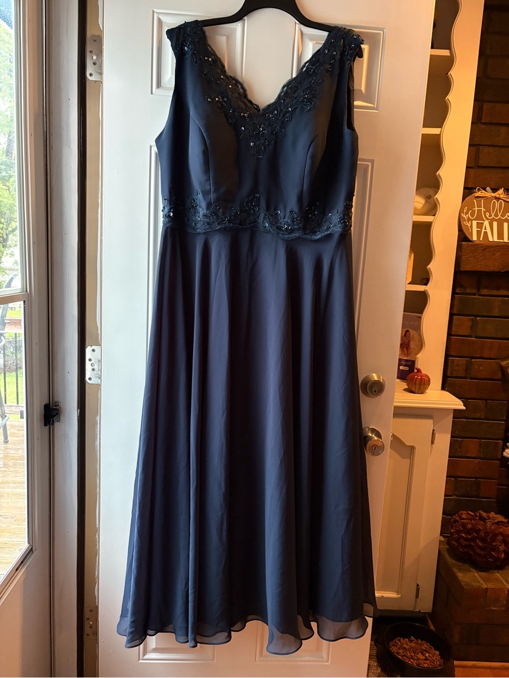 JJ's House Navy Blue Sequin Lace Chiffon Maxi Evening Gown – Size XL